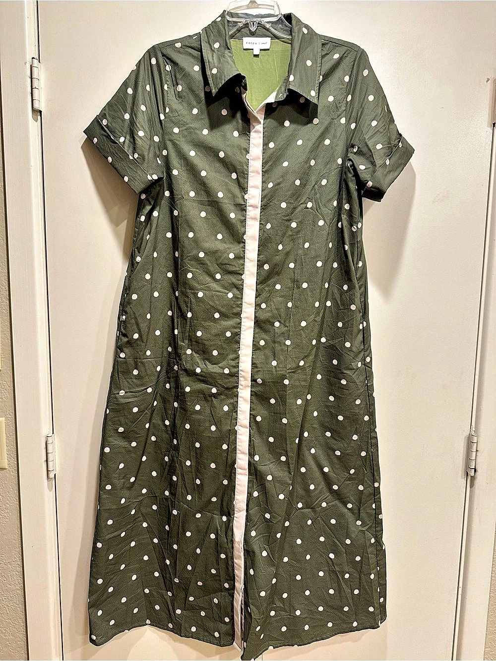 entro Lovely Dots Olive Midi Dress Polka Dot Green & Pink Size Small
